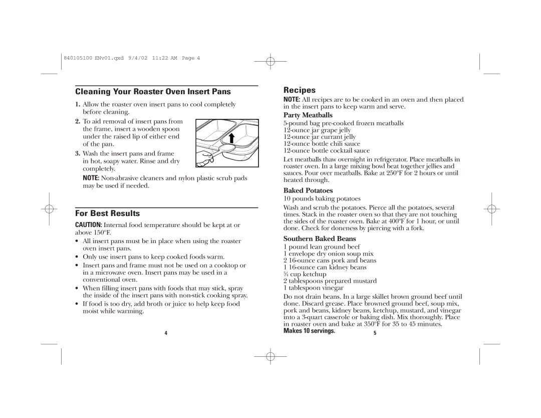 GE 169089, 840105100 manual Cleaning Your Roaster Oven Insert Pans, For Best Results, Recipes 