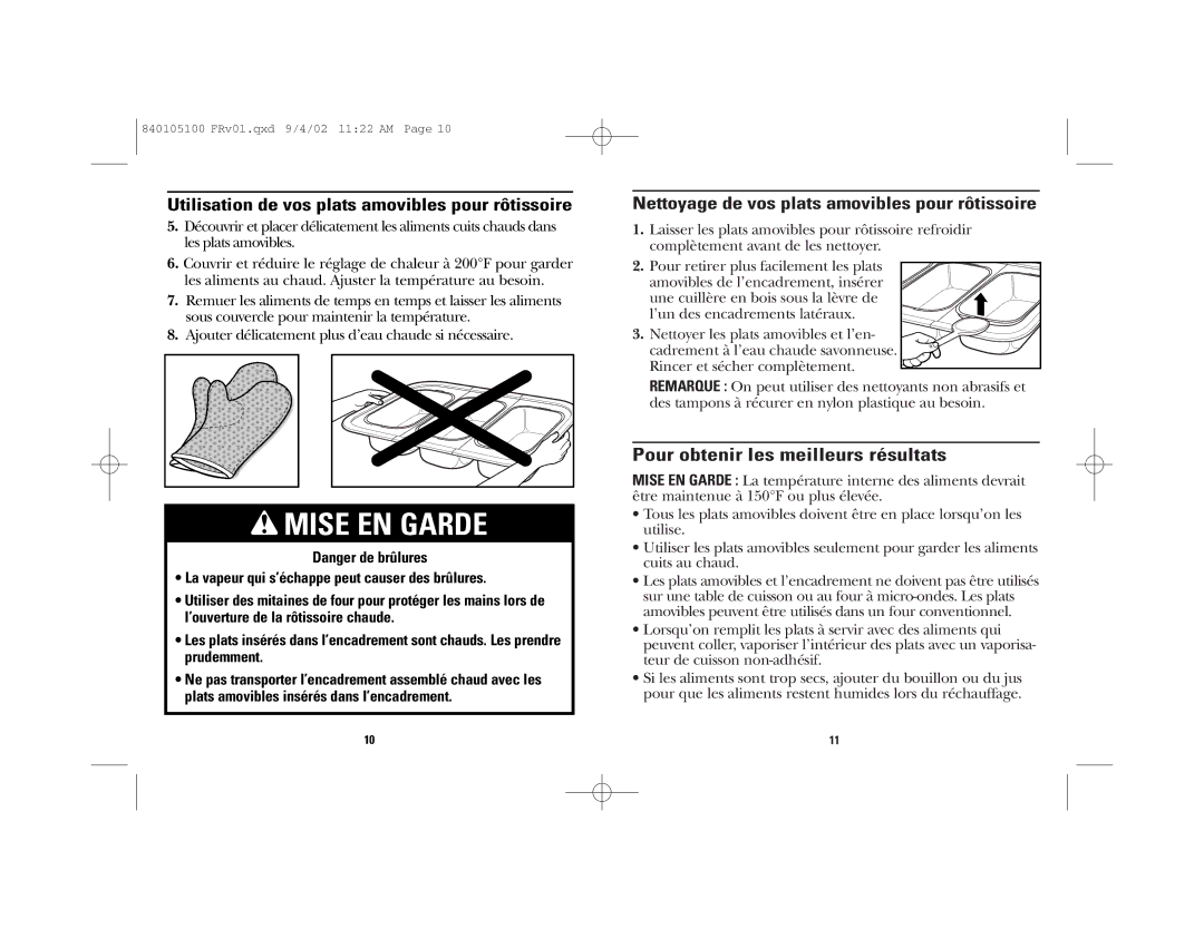 GE 169089, 840105100 manual Pour obtenir les meilleurs résultats, Utilisation de vos plats amovibles pour rôtissoire 