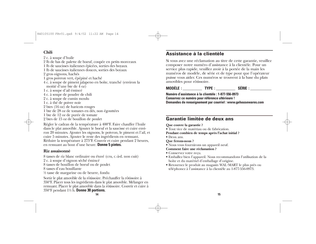 GE 169089, 840105100 manual Assistance à la clientèle, Garantie limitée de deux ans, Riz assaisonné 