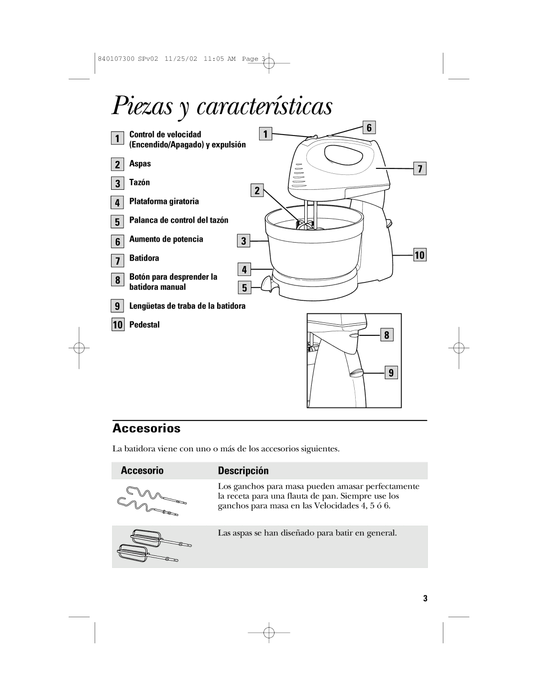 GE 106772, 840107300 manual Piezas y características, Accesorios, AccesorioDescripción 