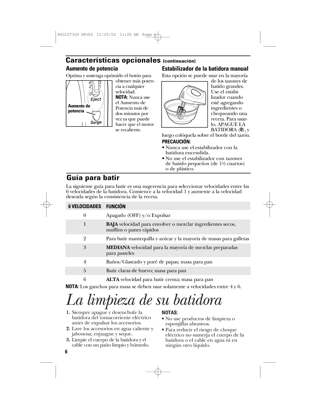 GE 840107300 La limpieza de su batidora, Características opcionales continuación, Guía para batir, Aumento de potencia 