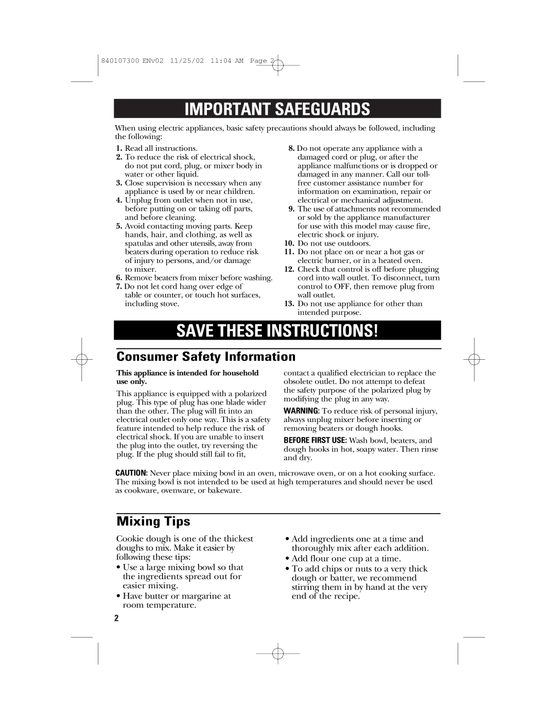 GE 840107300, 106772 manual Consumer Safety Information, Mixing Tips 