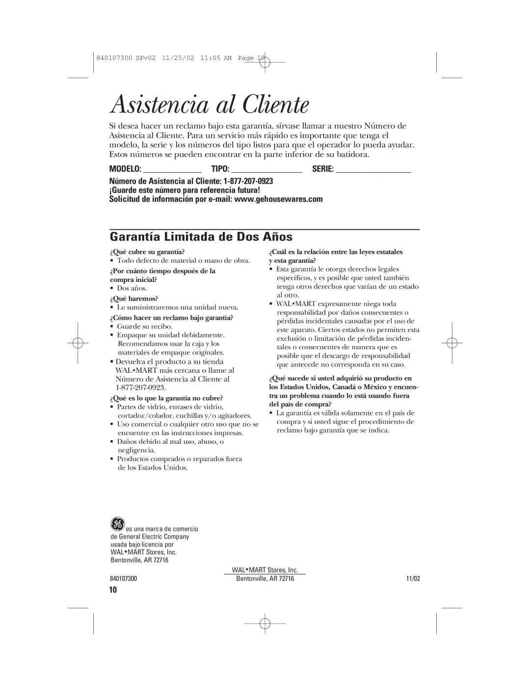 GE 840107300, 106772 manual Asistencia al Cliente, Garantía Limitada de Dos Años 