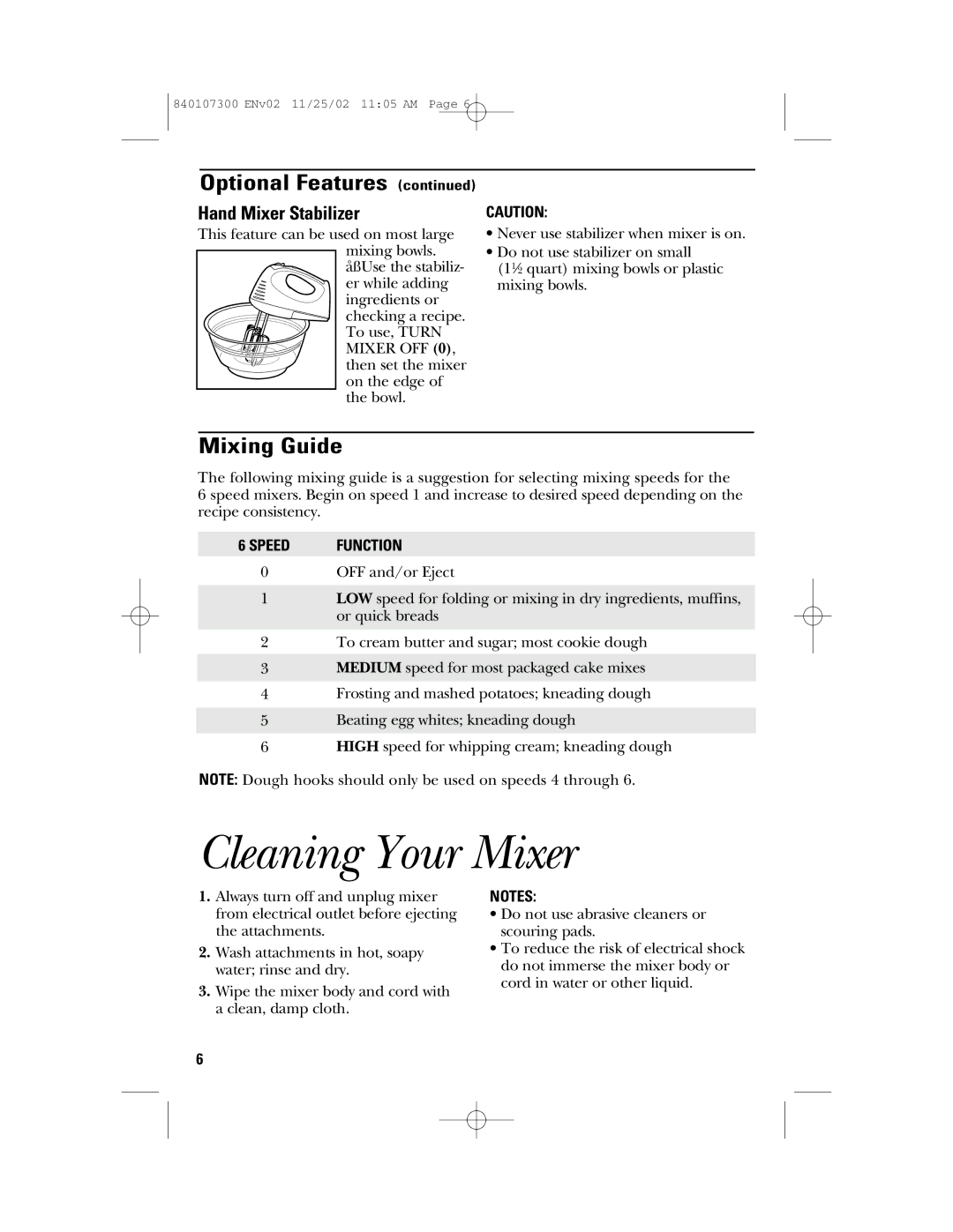 GE 840107300, 106772 manual Cleaning Your Mixer, Optional Features, Mixing Guide, Hand Mixer Stabilizer 