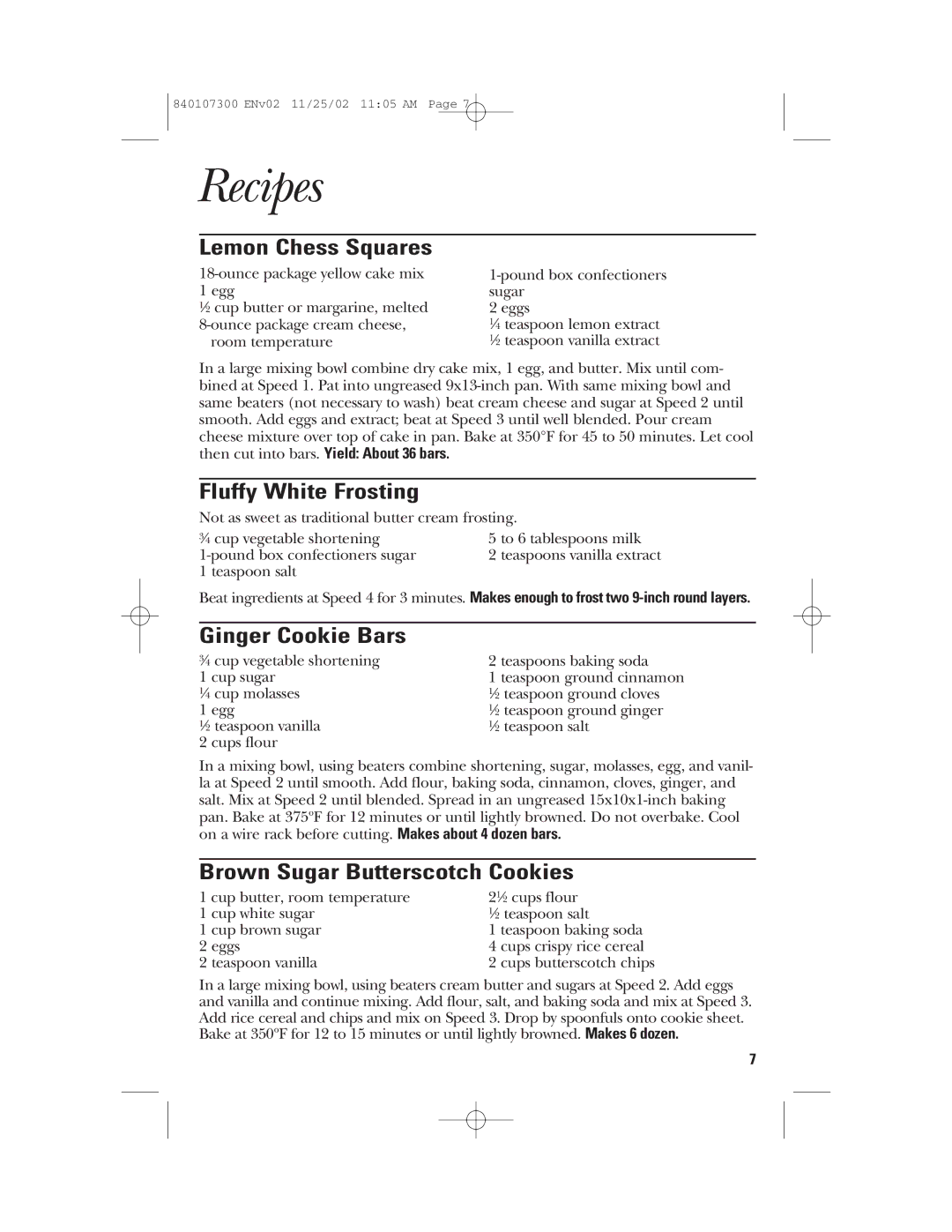 GE 106772 manual Recipes, Lemon Chess Squares, Fluffy White Frosting, Ginger Cookie Bars, Brown Sugar Butterscotch Cookies 