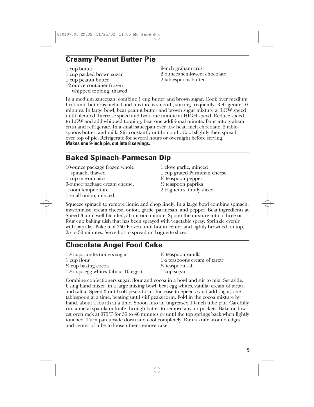 GE 106772, 840107300 manual Creamy Peanut Butter Pie, Baked Spinach-Parmesan Dip, Chocolate Angel Food Cake 