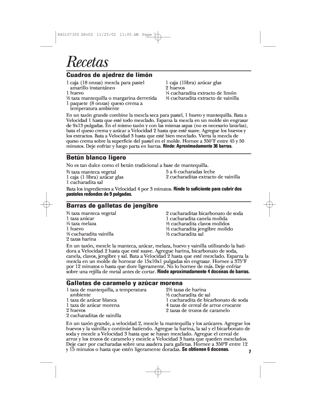 GE 106772, 840107300 manual Recetas, Cuadros de ajedrez de limón, Betún blanco ligero, Barras de galletas de jengibre 