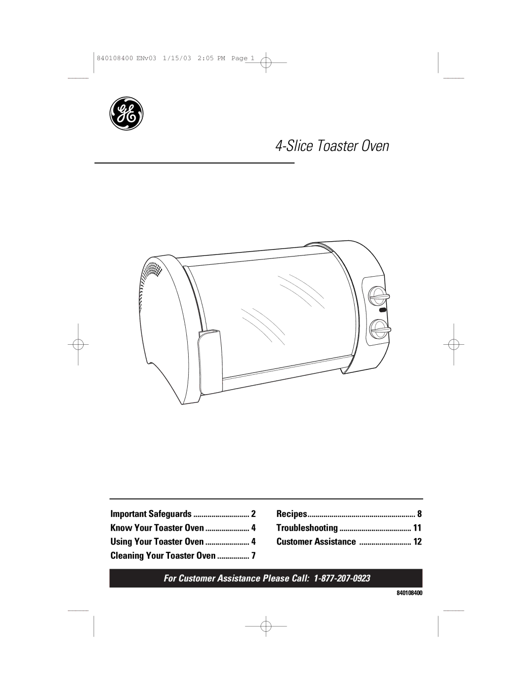 GE 168955, 840108400 manual Slice Toaster Oven 