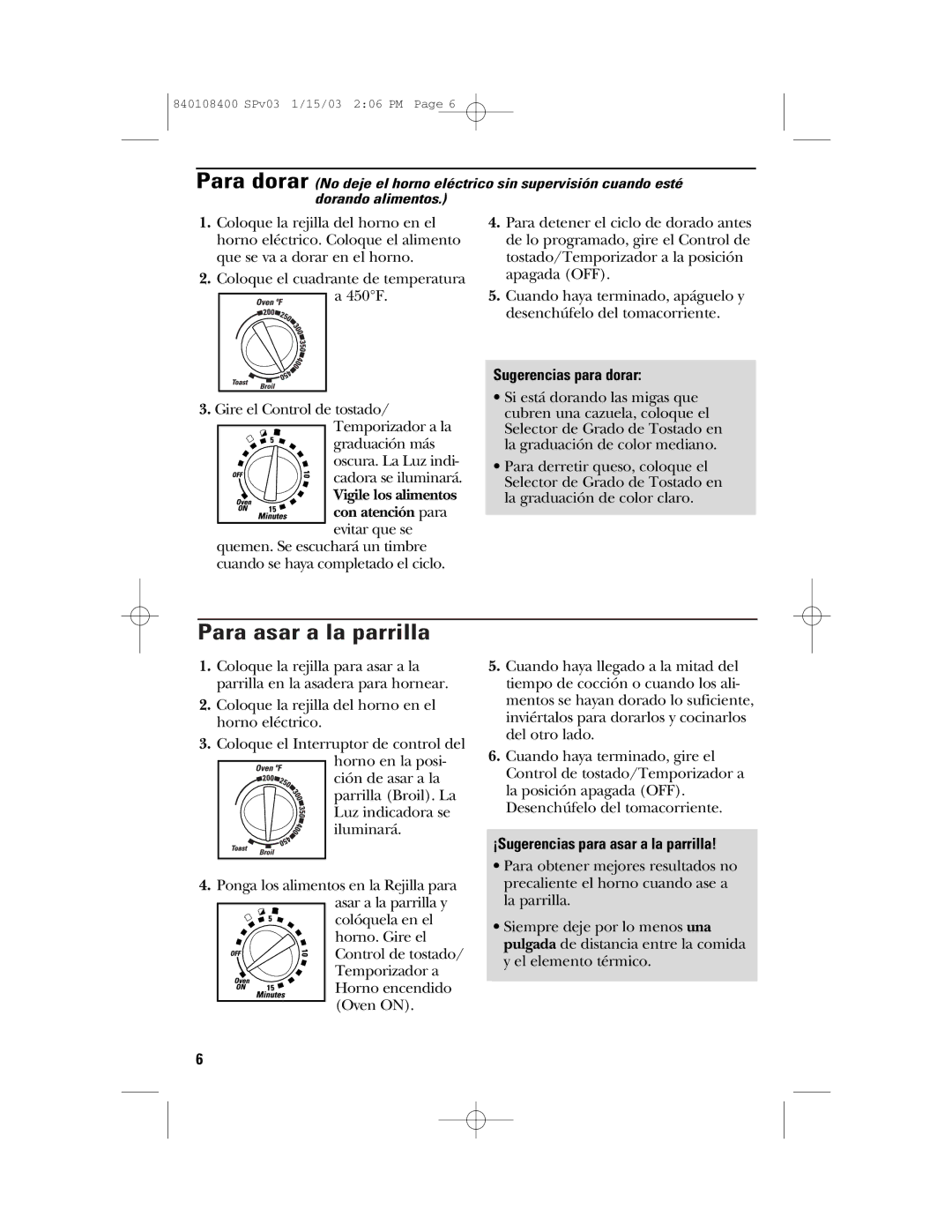 GE 840108400, 168955 manual Para asar a la parrilla, Sugerencias para dorar, ¡Sugerencias para asar a la parrilla 