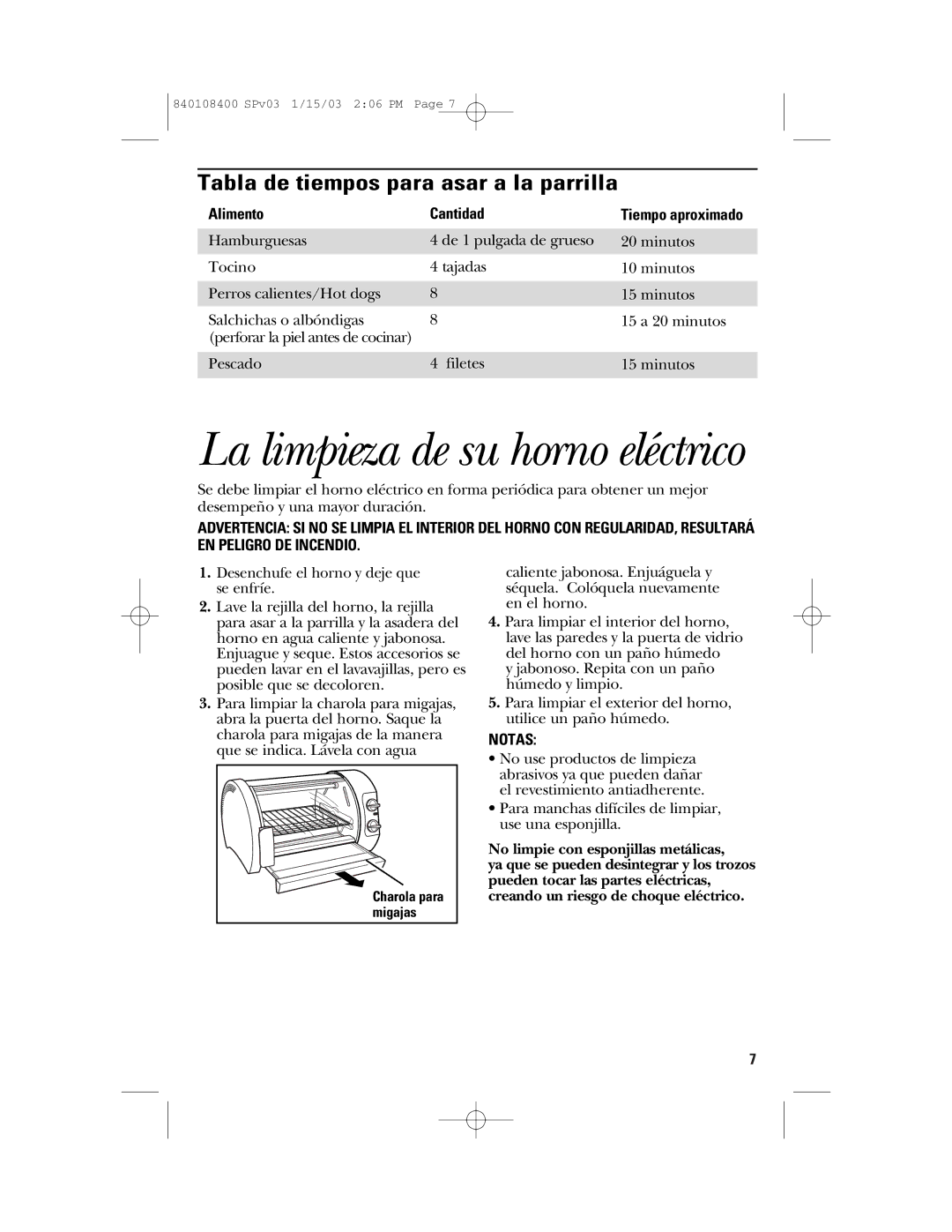 GE 168955, 840108400 manual La limpieza de su horno eléctrico, Tabla de tiempos para asar a la parrilla, Alimento Cantidad 