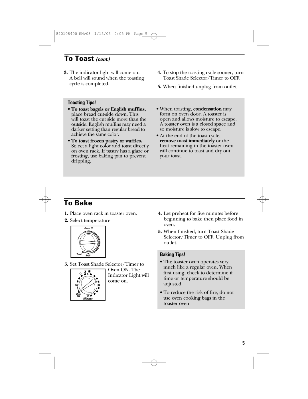 GE 168955, 840108400 manual To Toast, To Bake, Toasting Tips, Baking Tips 
