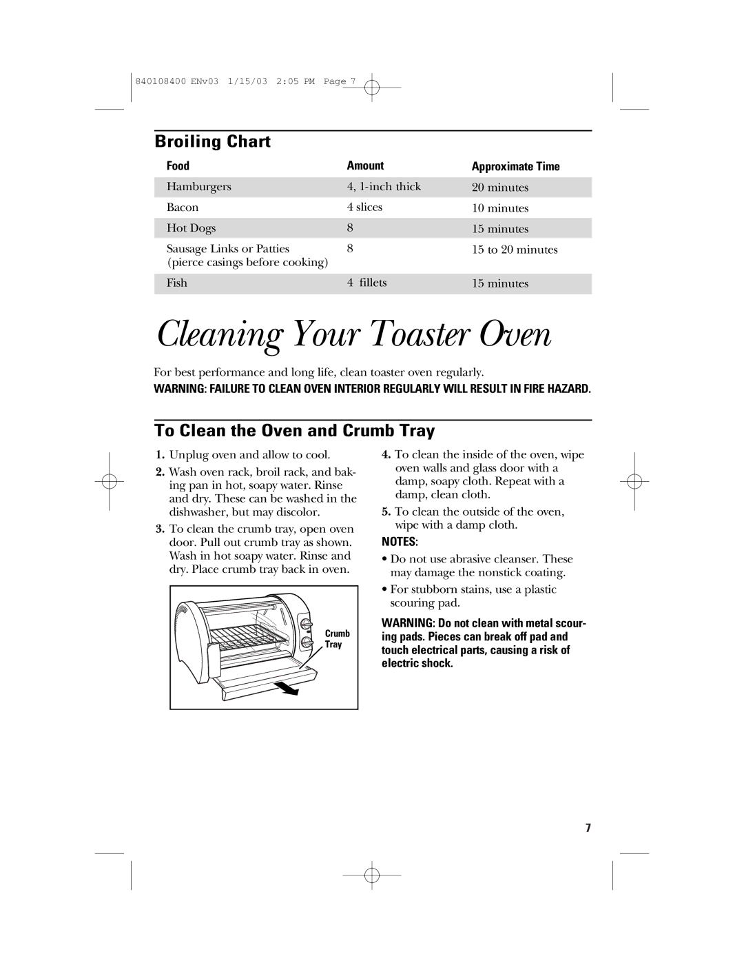 GE 168955 manual Cleaning Your Toaster Oven, Broiling Chart, To Clean the Oven and Crumb Tray, Food Amount Approximate Time 