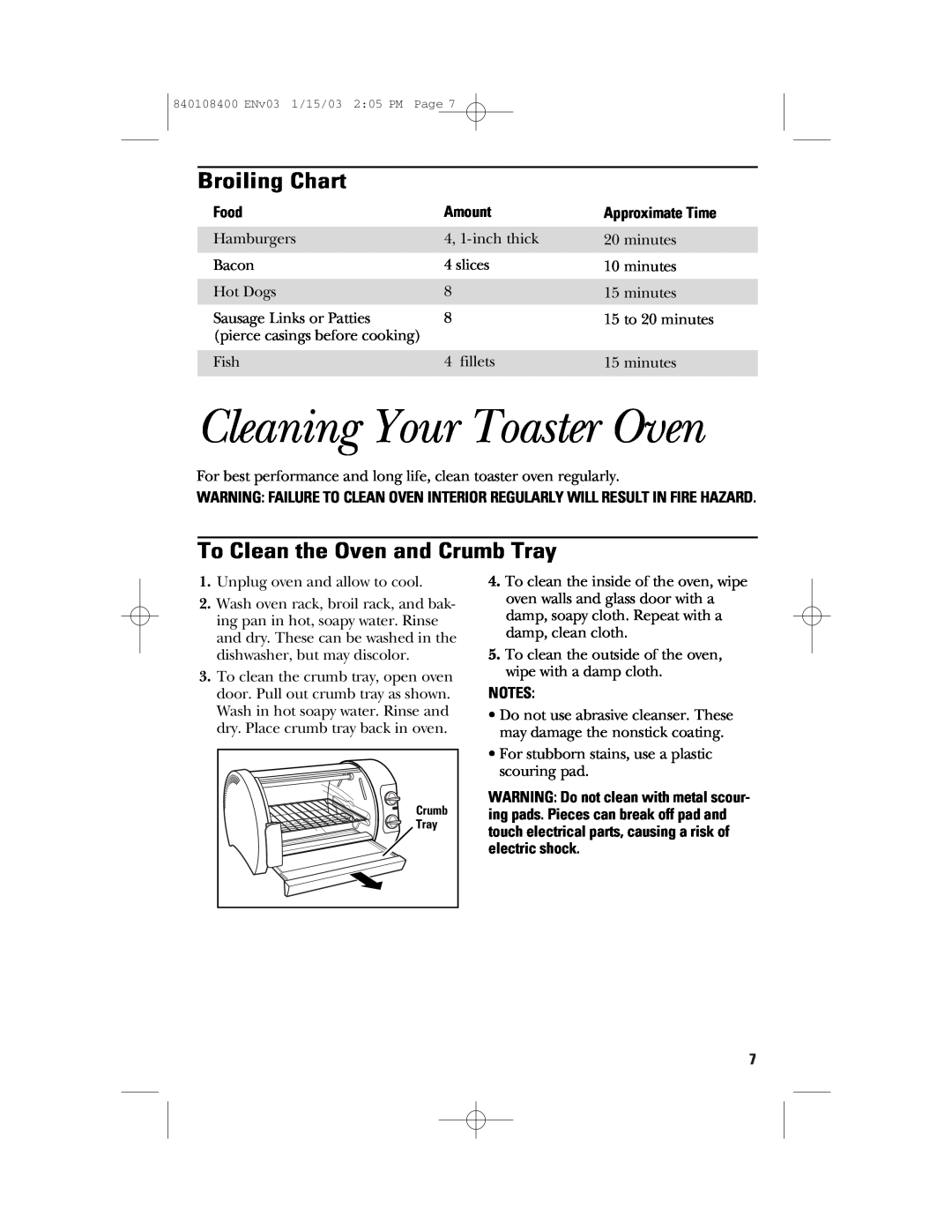 GE 168955 Cleaning Your Toaster Oven, Broiling Chart, To Clean the Oven and Crumb Tray, Food, Amount, Approximate Time 