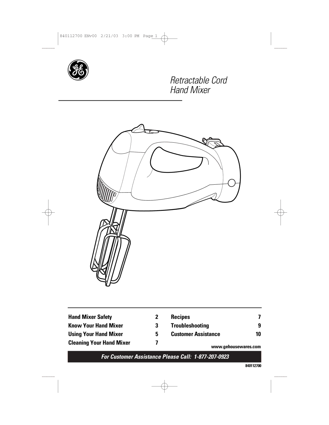 GE 168951, 840112700 manual Retractable Cord Hand Mixer 