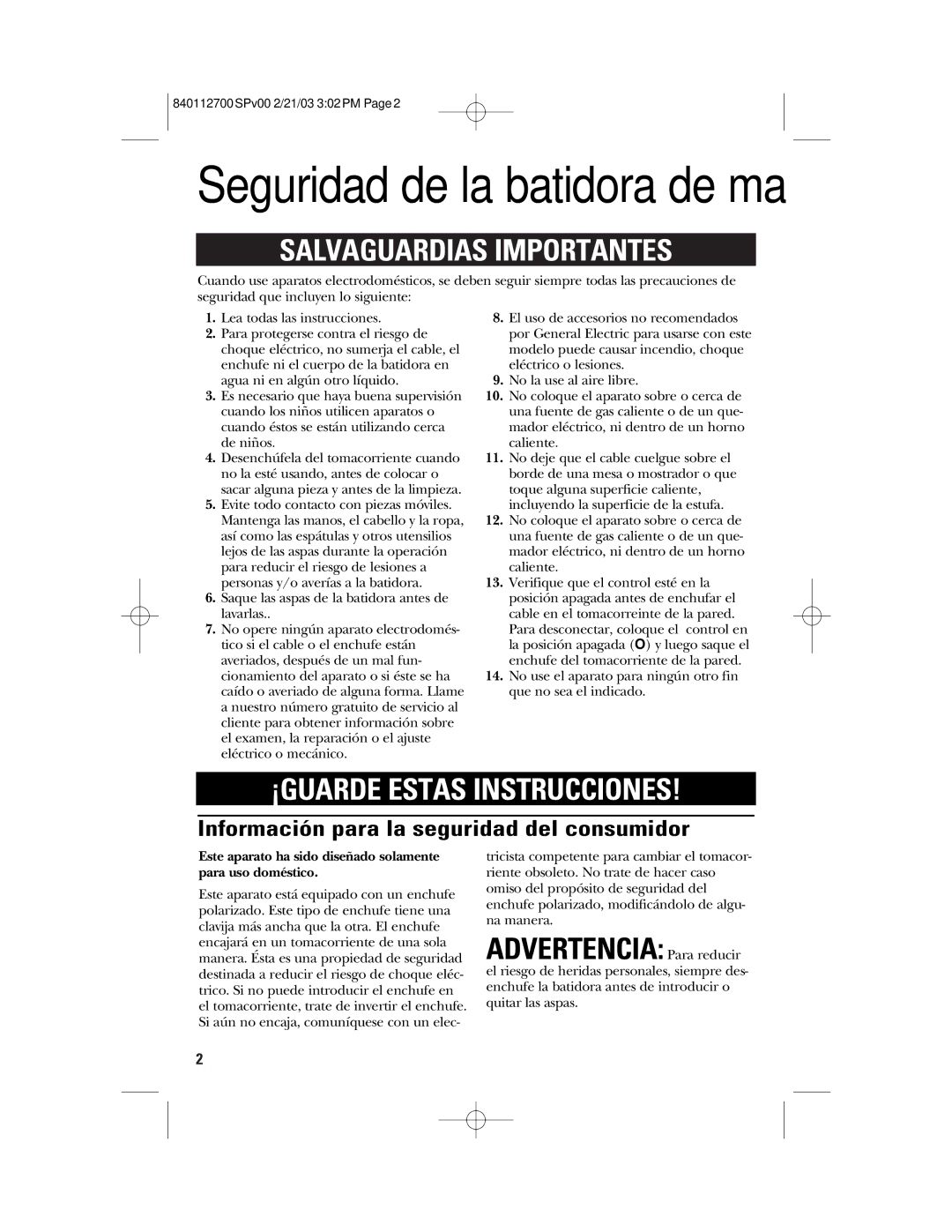 GE 840112700, 168951 manual Seguridad de la batidora de mano, Información para la seguridad del consumidor 