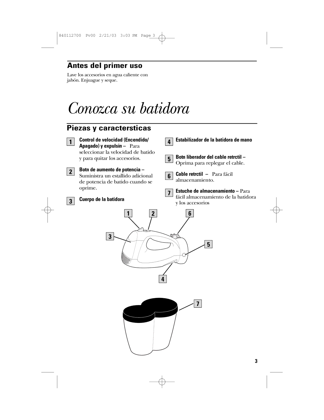 GE 168951, 840112700 manual Conozca su batidora, Antes del primer uso, Piezas y características 