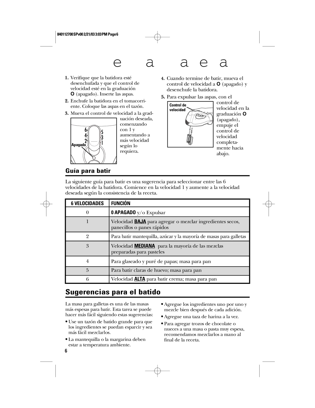 GE 840112700, 168951 manual El uso de su batidora de mano, Sugerencias para el batido, Guía para batir 