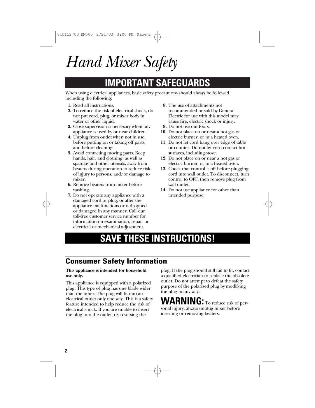 GE 840112700, 168951 manual Hand Mixer Safety, Consumer Safety Information 