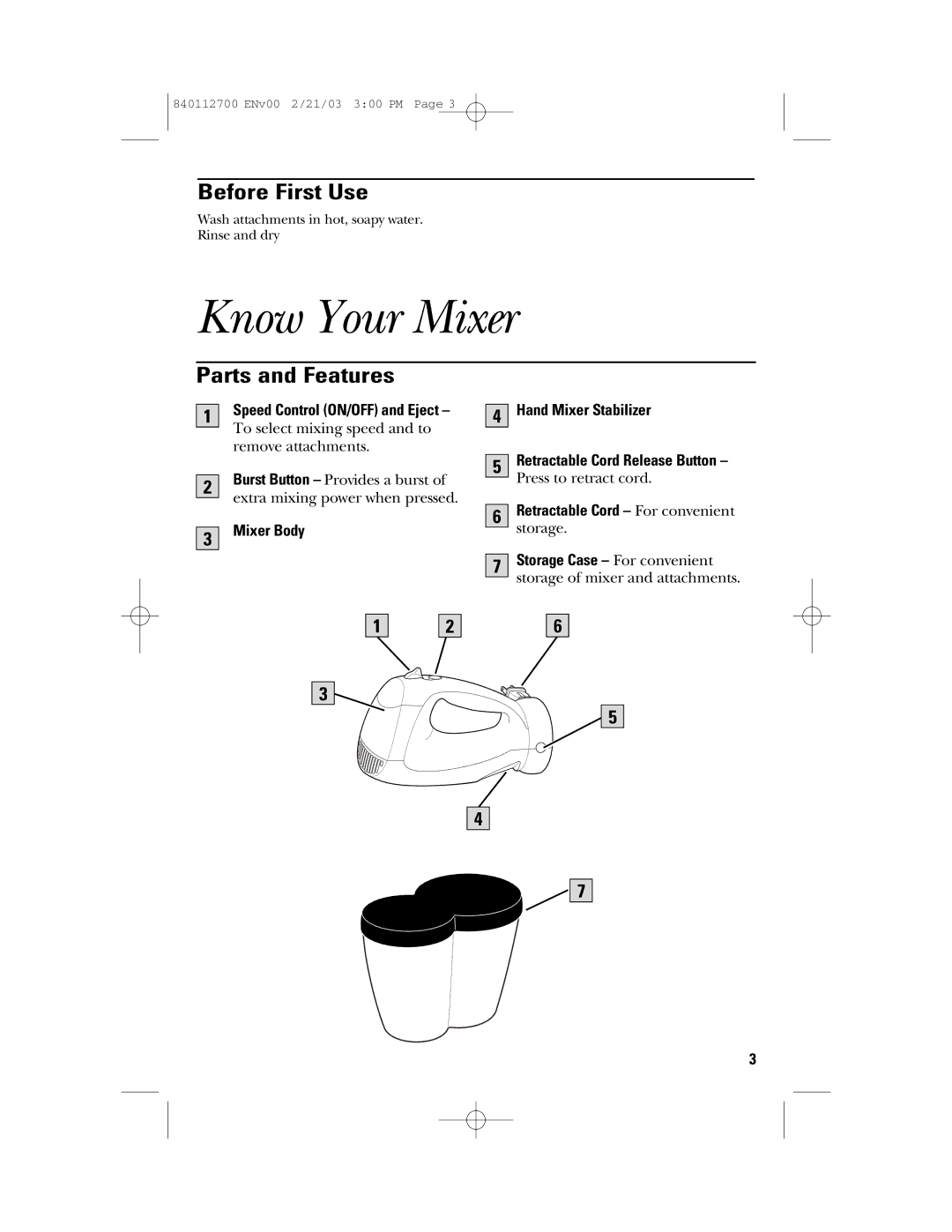 GE 168951, 840112700 manual Know Your Mixer, Before First Use, Parts and Features, Mixer Body Hand Mixer Stabilizer 