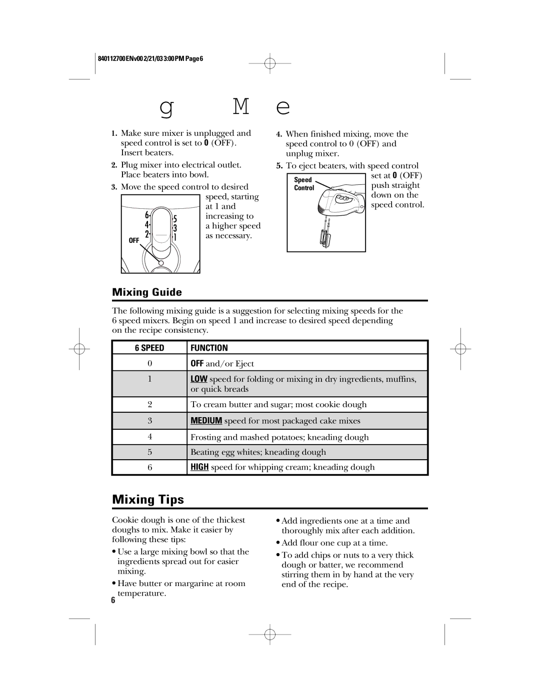 GE 840112700, 168951 manual Using Your Mixer, Mixing Tips, Mixing Guide 