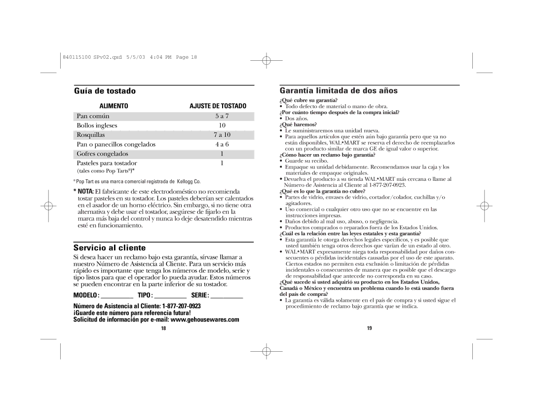 GE 840115100, 168958 manual Guía de tostado, Servicio al cliente, Garantía limitada de dos años 