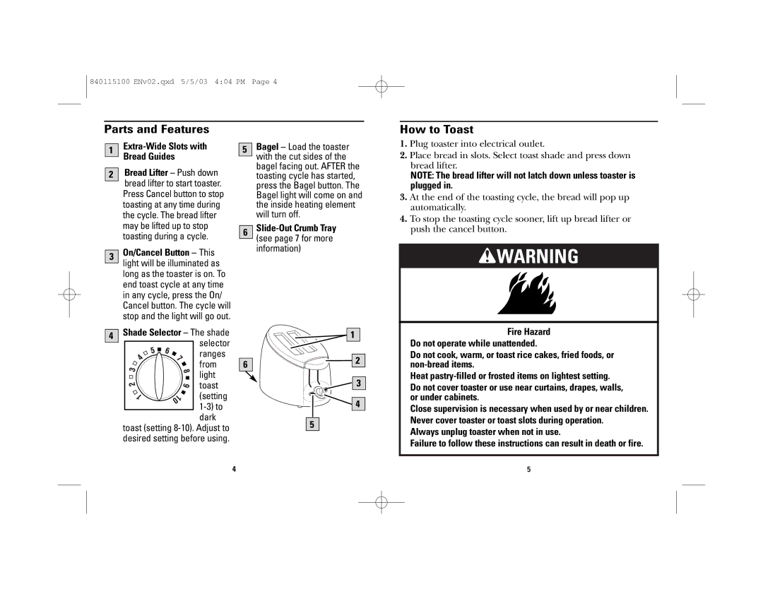 GE 168958, 840115100 manual Parts and Features, How to Toast 