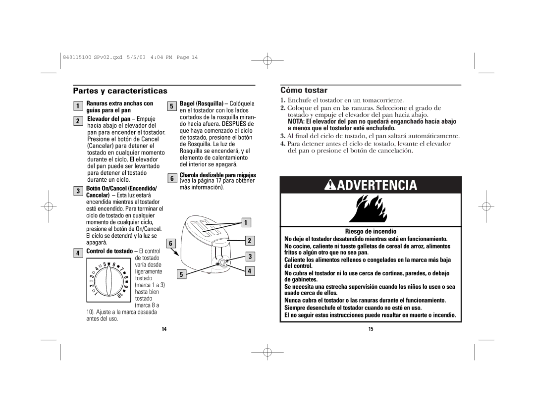 GE 840115100, 168958 manual Cómo tostar, Partes y características 