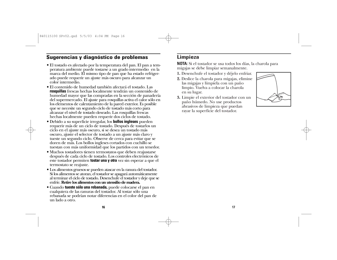 GE 168958, 840115100 manual Sugerencias y diagnóstico de problemas, Limpieza 