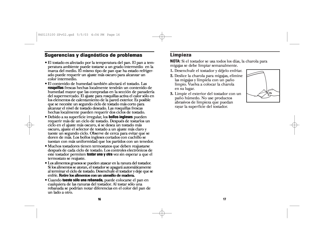 GE 168958, 840115100 manual Sugerencias y diagnóstico de problemas, Limpieza 