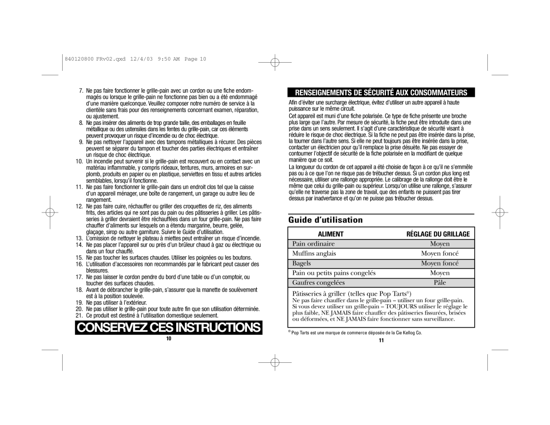 GE 840120800 manual Guide d’utilisation, Aliment 