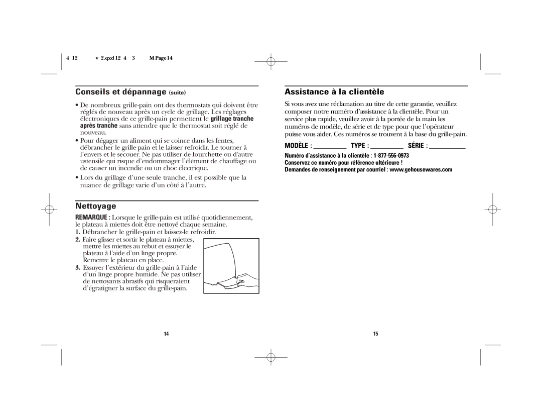 GE 840120800 manual Conseils et dépannage suite, Nettoyage, Assistance à la clientèle, Modèle Type Série 