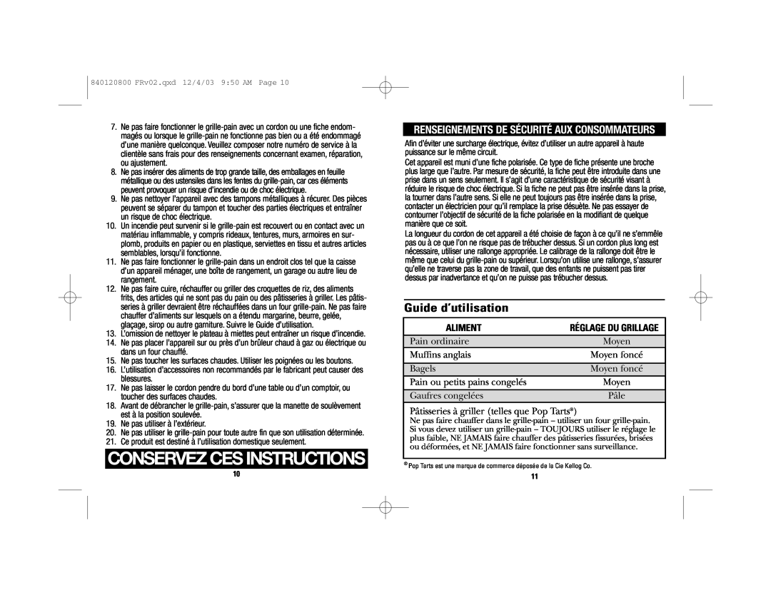 GE 840120800 manual Guide d’utilisation, Renseignements De Sécurité Aux Consommateurs, Aliment, Conservez Ces Instructions 