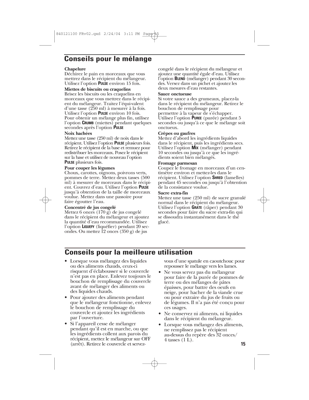 GE 168986, 840121100 manual Conseils pour le mélange, Conseils pour la meilleure utilisation 