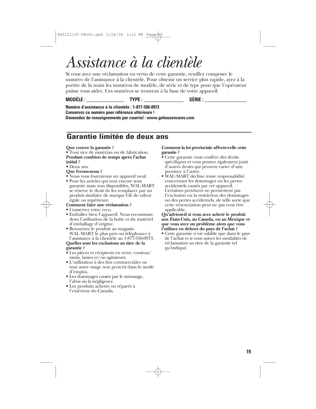 GE 168986, 840121100 manual Assistance à la clientèle, Garantie limitée de deux ans 