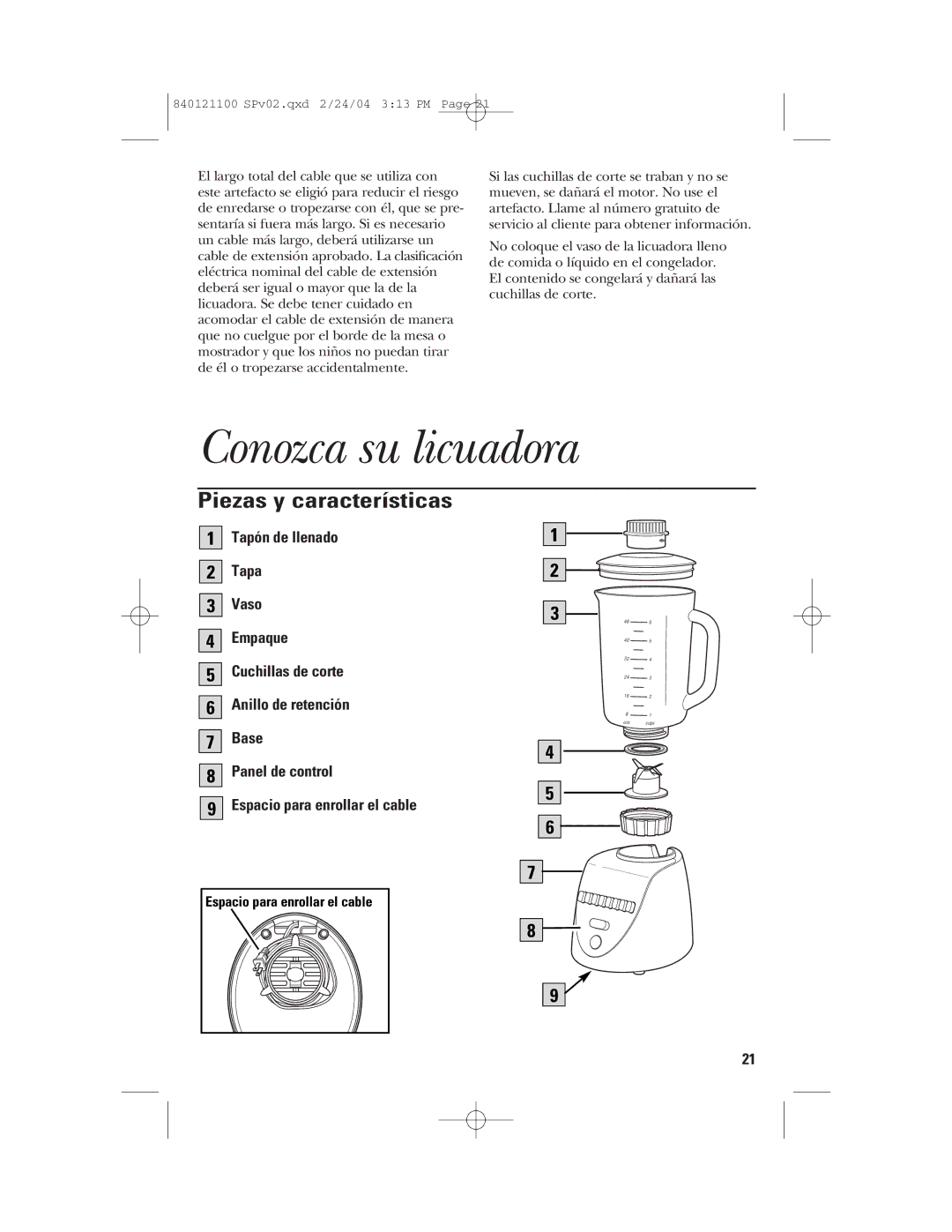 GE 168986, 840121100 manual Conozca su licuadora, Piezas y características 