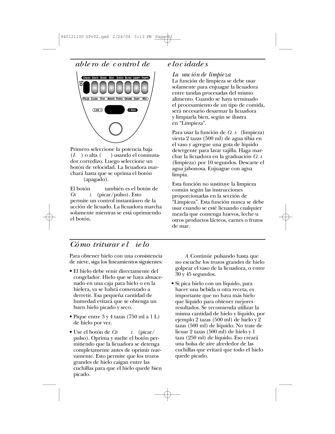 GE 168986, 840121100 manual Tablero de control de 14 velocidades, Cómo triturar el hielo 