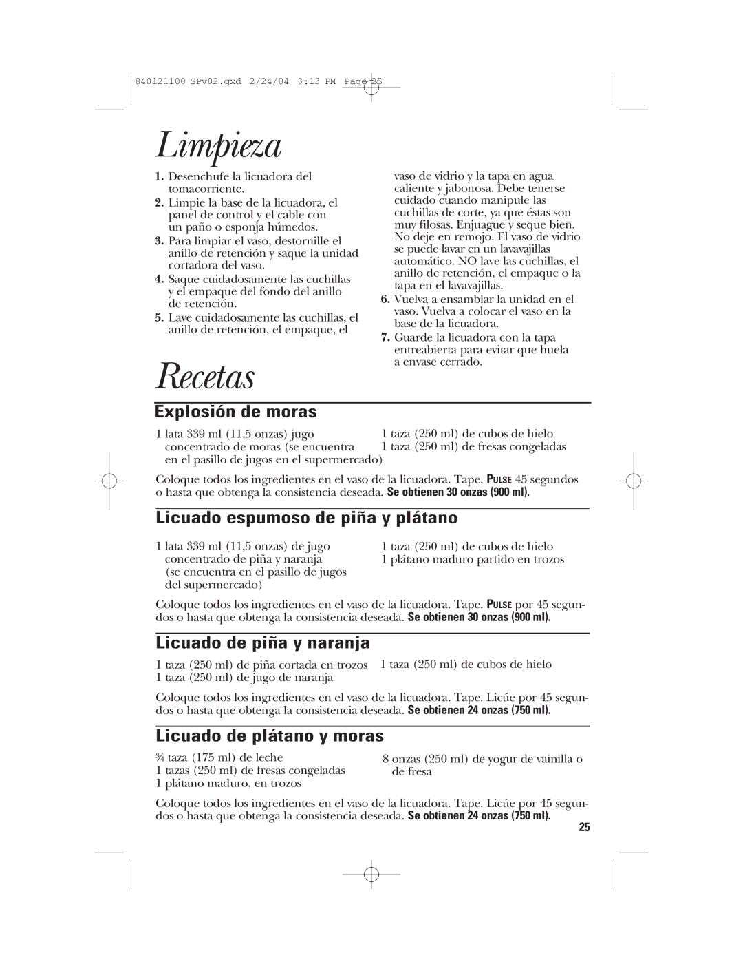 GE 168986, 840121100 manual Limpieza, Recetas 