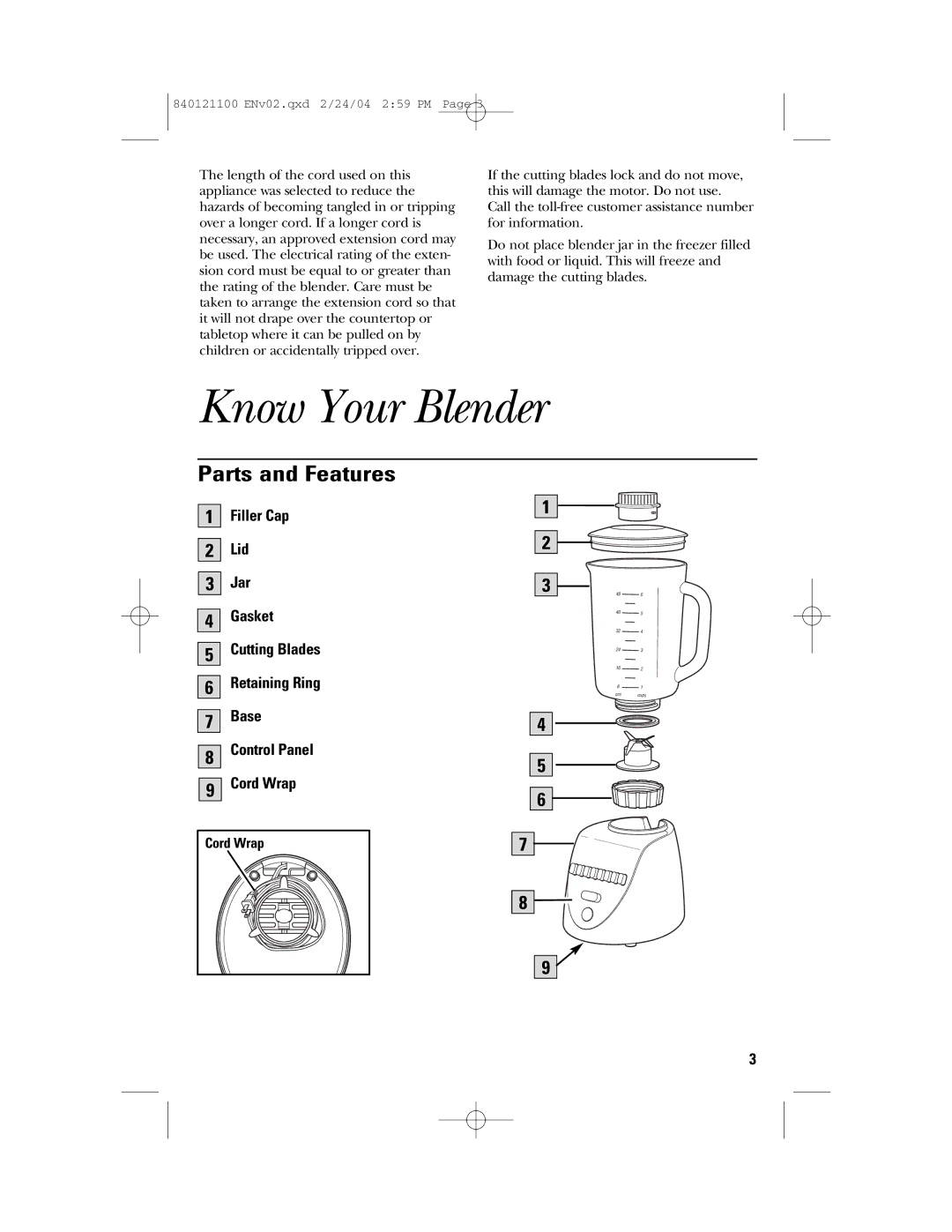 GE 168986, 840121100 manual Know Your Blender, Parts and Features 