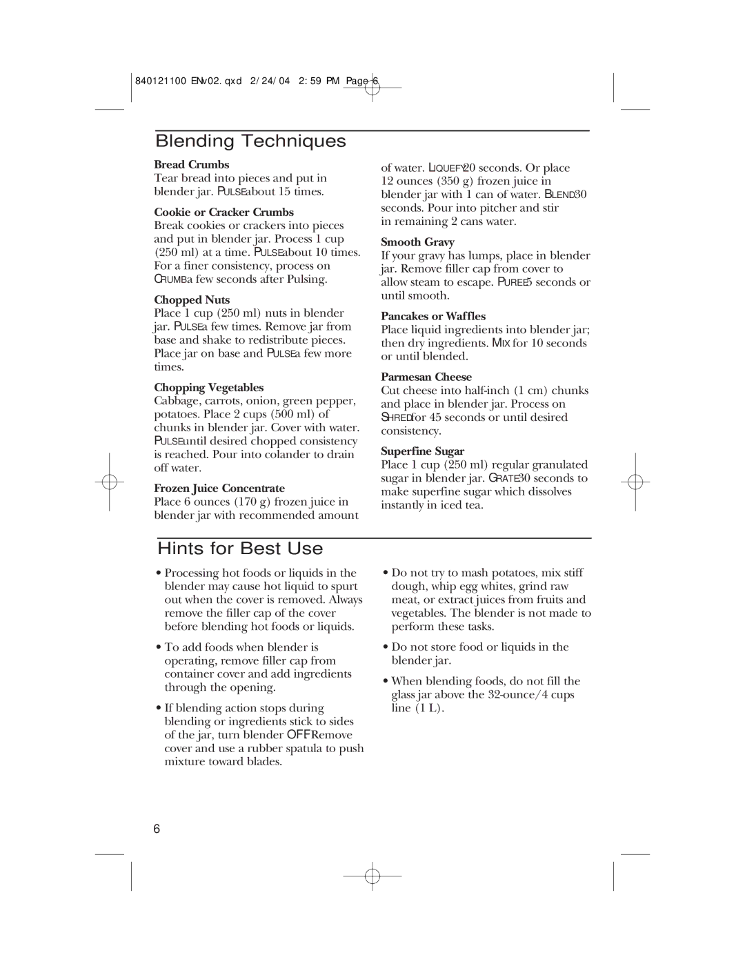 GE 840121100, 168986 manual Blending Techniques, Hints for Best Use 