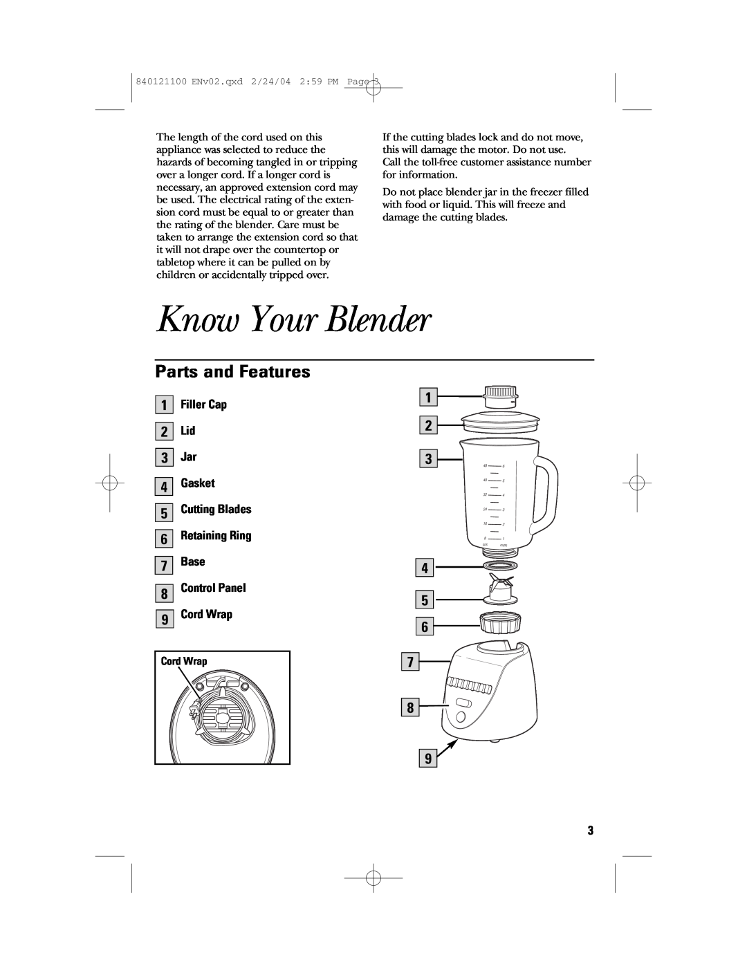 GE 168986 manual Know Your Blender, Parts and Features, Filler Cap 2 Lid 3 Jar 4 Gasket 5 Cutting Blades 6 Retaining Ring 