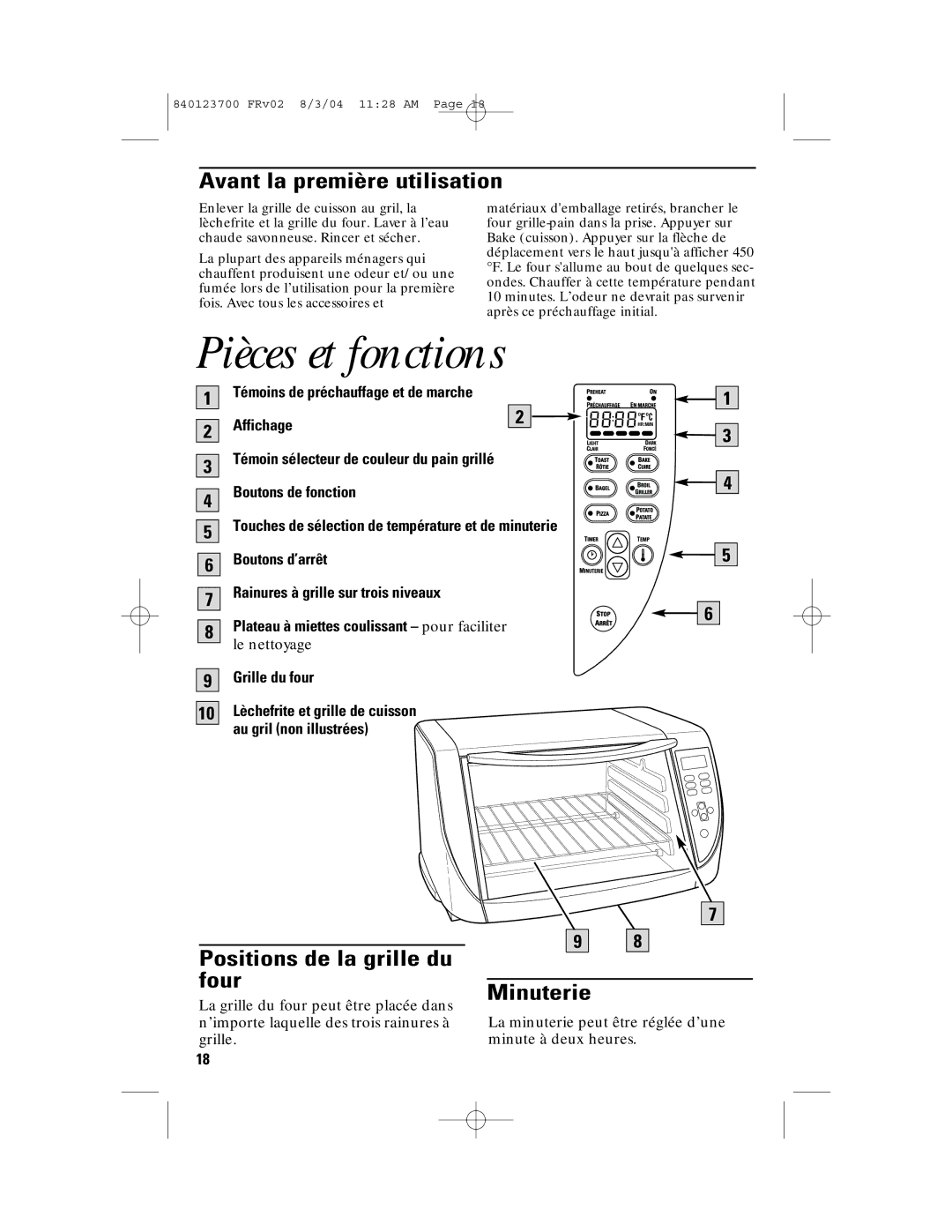 GE 840123700, 168989 manual Pièces et fonctions, Avant la première utilisation, Positions de la grille du, Four Minuterie 