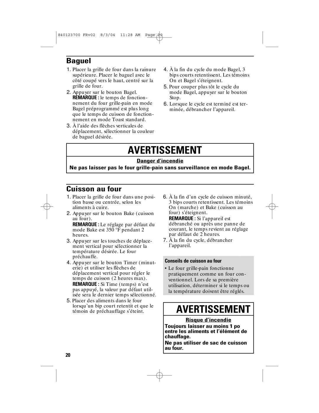 GE 840123700, 168989 manual Baguel, Cuisson au four, Conseils de cuisson au four 