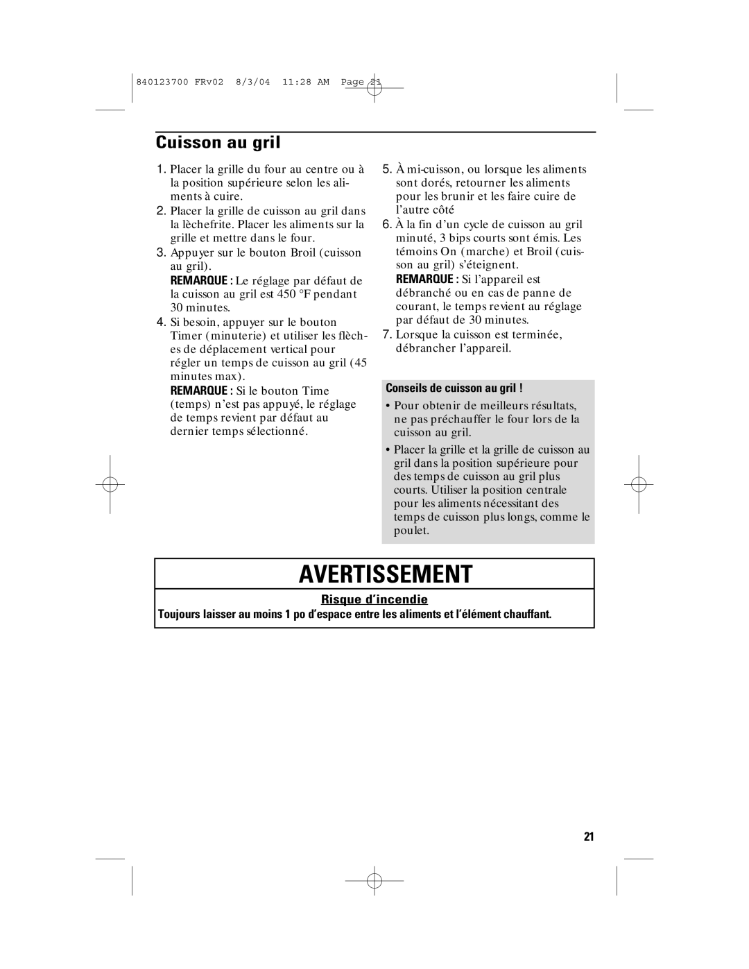 GE 168989, 840123700 manual Cuisson au gril, Conseils de cuisson au gril 