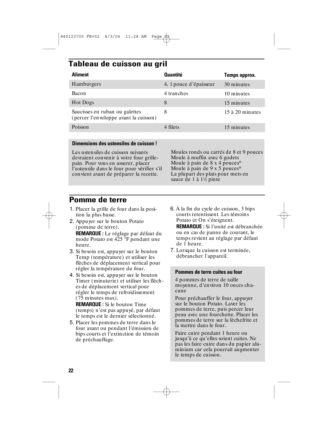 GE 840123700 Tableau de cuisson au gril, Pomme de terre, Aliment Quantité Temps approx, Pommes de terre cuites au four 