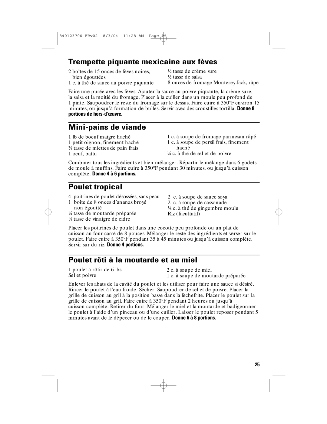 GE 168989, 840123700 manual Trempette piquante mexicaine aux fèves, Mini-pains de viande, Poulet tropical 