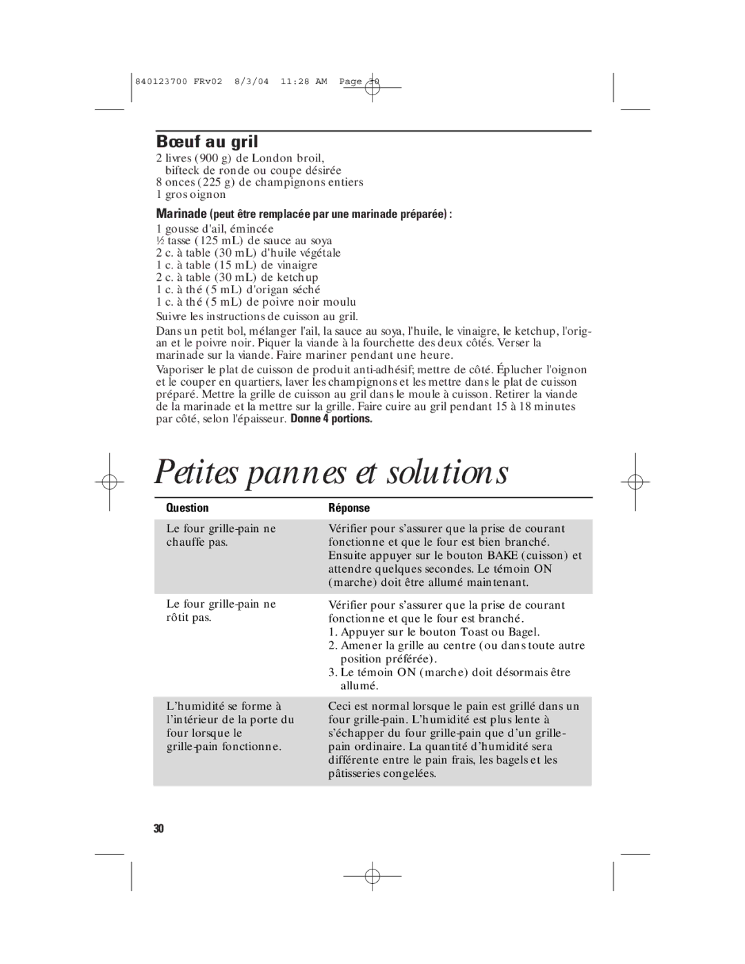 GE 840123700, 168989 Petites pannes et solutions, Bœuf au gril, Marinade peut être remplacée par une marinade préparée 