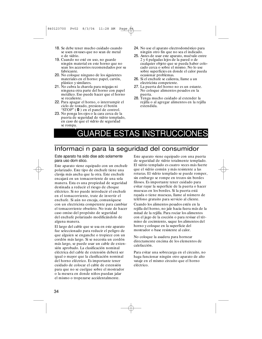 GE 840123700, 168989 manual ¡GUARDE Estas Instrucciones, Información para la seguridad del consumidor 