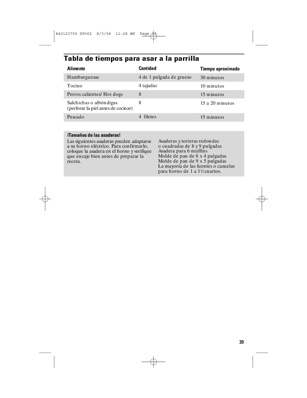 GE 168989, 840123700 manual Tabla de tiempos para asar a la parrilla, Alimento Cantidad, ¡Tamaños de las asaderas 