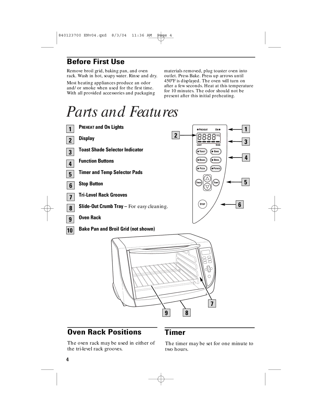 GE 840123700 Parts and Features, Before First Use, Oven Rack Positions, Timer, Oven Rack Bake Pan and Broil Grid not shown 