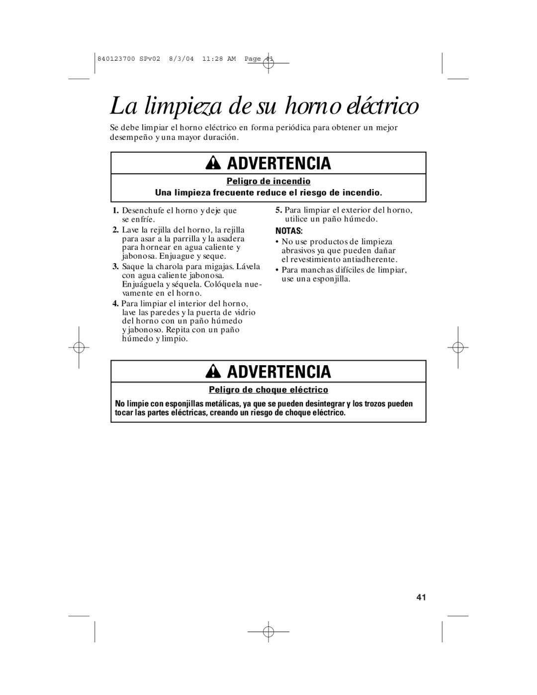 GE 168989, 840123700 manual La limpieza de su horno eléctrico, Peligro de choque eléctrico 